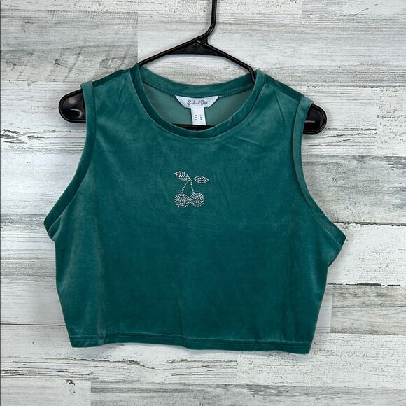 NWT Birch And Stone Velour Cropped Top Cherry Rhinestone Women’s Size Large - Picture 1 of 5